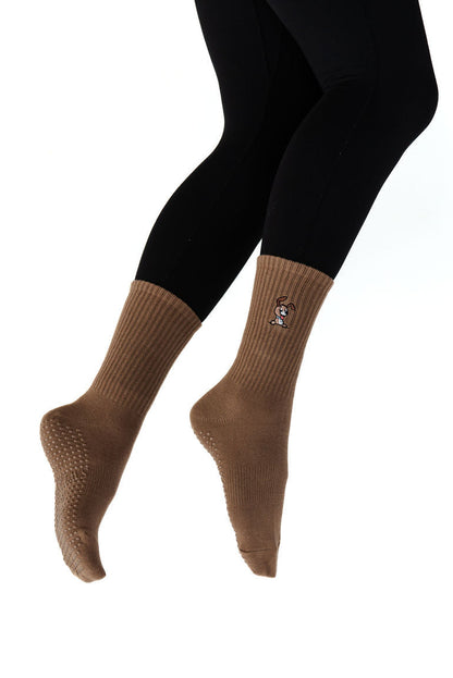 'Downward Dog' - Crew Socks - Brown
