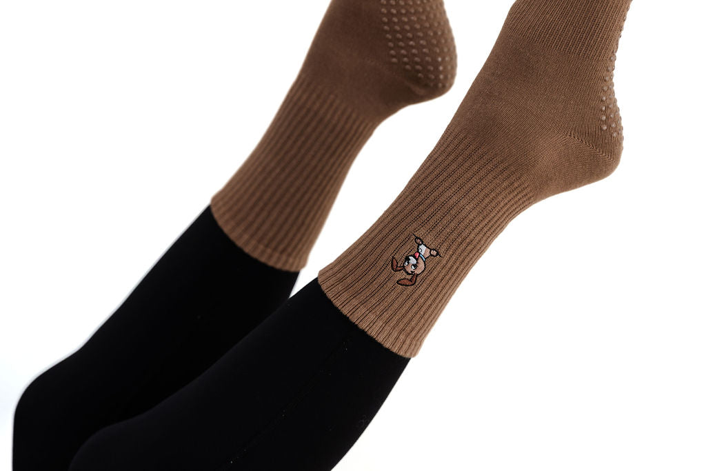 'Downward Dog' - Crew Socks - Brown